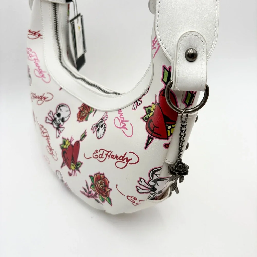 Ed Hardy White Skull‎ Rose Tattoo Hobo Shoulder Bag Purse